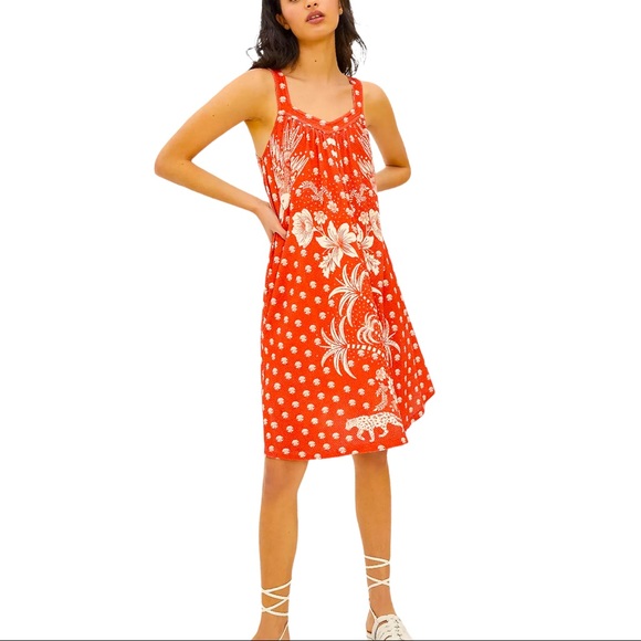 Farm Rio x Anthropologie Palm Tree Printed XS Orange Red Floral Cheetah Shift - Picture 4 of 5